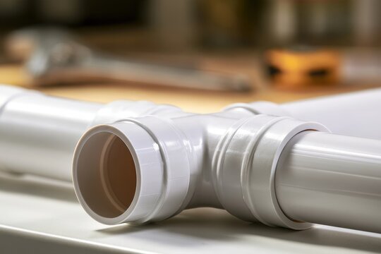 Close-up of white PVC elbow and tee fittings joined to irrigation piping on a workbench