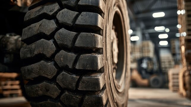Close-up photograph of a heavy-duty forklift tire in an industrial warehouse