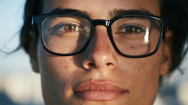 Close-up portrait with black-framed eyeglasses showing crystal-clear vision through the lenses