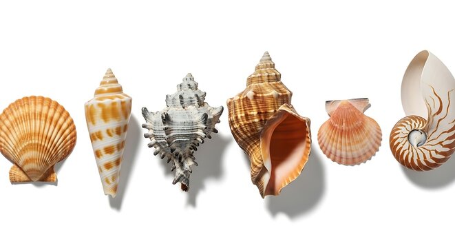 Collection of assorted sea shells arranged in a row with seashell, collection