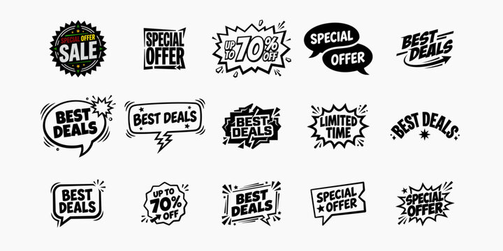 Collection of hand drawn black ink sale badges and promotional labels for discounts