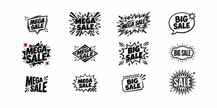 Collection of distressed grunge style sale badges and labels in various shapes