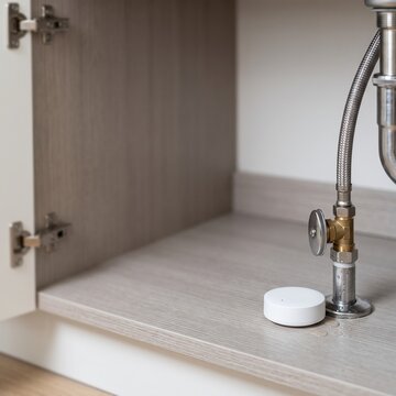 Smart home leak sensor placed on the floor under a kitchen sink near plumbing pipes for water damage detection.
