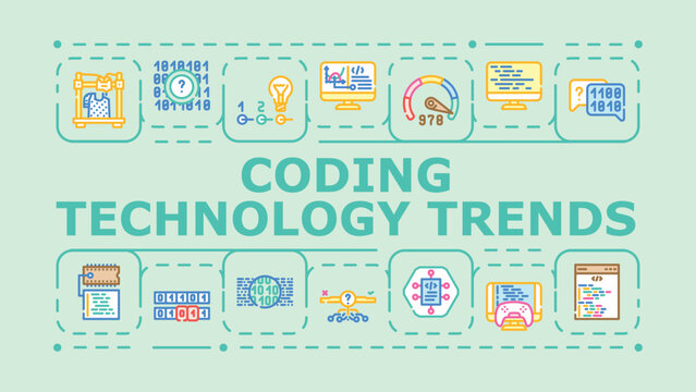 Coding technology trends banner infographic. Programming development, opensource devops, ai automation icon vector illustration