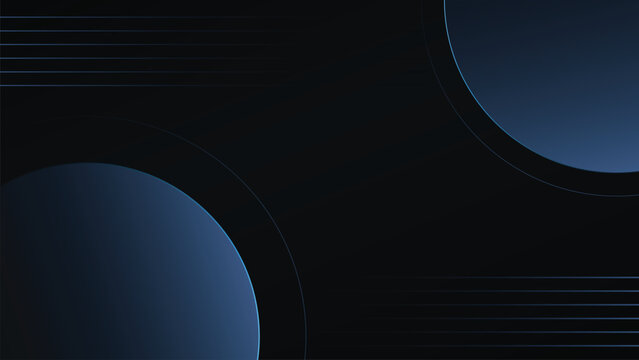 Modern dark blue abstract technology background featuring circular gradient spheres, fine horizontal parallel lines, and cyan linear accents.