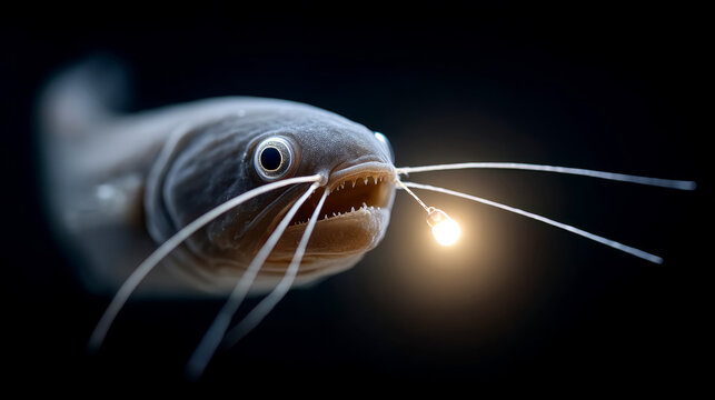 Deep sea anglerfish with glowing lure in dark ocean depths