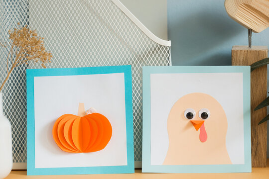 paper craft for kids. DIY cards with pumpkin and Turkey for thanksgiving day. create art for children. interior decor