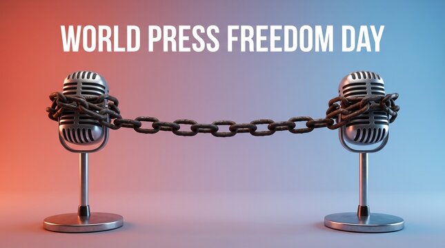 Two vintage microphones connected by a chain symbolizing press freedom