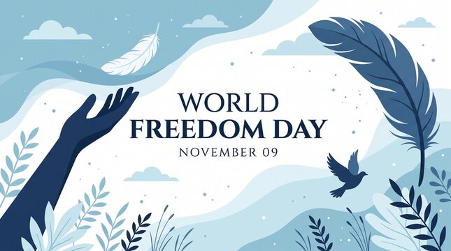 World freedom day illustration with hand releasing bird and feather