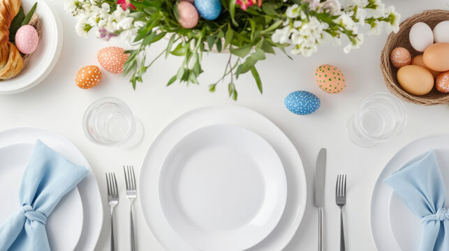 Elegant easter brunch table setting with colorful eggs and spring flowers for celebration