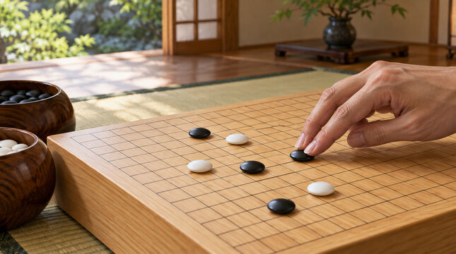 Mano colocando piedra negra sobre tablero japon&eacute;s tradicional