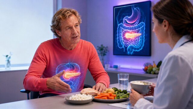 Man discusses a meal with a doctor beside an anatomy diagram. A pancreatic overlay, vegetables, rice and water connect the consultation with nutrition education and digestive health awareness.