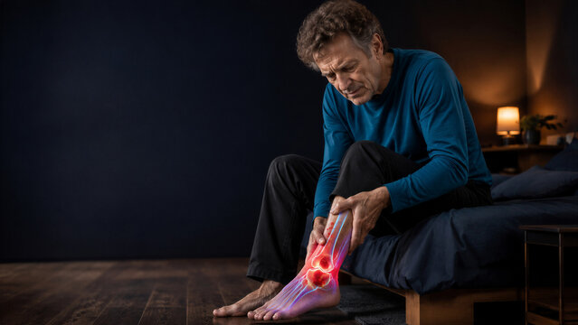 Man holds his lower leg and ankle while seated on the edge of a bed. A red joint, bone outlines and blood cell overlay create a concept of ankle pain and bleeding disorder awareness in a dim bedroom.