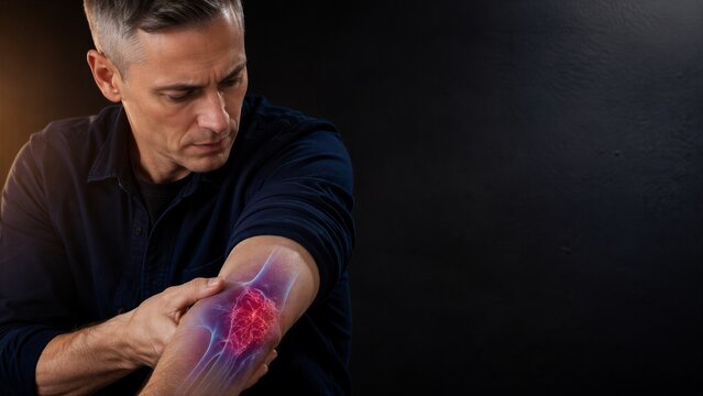 Man inspects a purple area on his forearm with a concerned downward gaze. An overlay of bones and small vessels connects the portrait with bruising, vascular anatomy and bleeding disorder awareness.