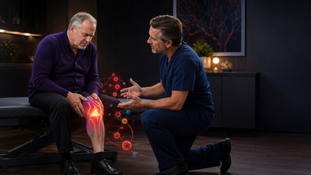 Clinician discusses knee discomfort with an older man seated on an examination bed. Glowing joint anatomy and a blood cell network introduce a concept of hemophilia awareness and patient education.