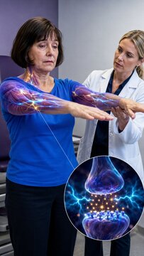 Doctor observes a woman holding both arms forward during a neurological examination. Muscle and nerve overlays with a synapse present a concept of neuromuscular function and strength assessment.