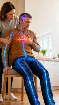 Woman supports a seated man who holds his chest with his eyes closed. A glowing brain, heart, pulse trace and vascular pathways present a concept of autonomic function and cardiovascular discomfort.
