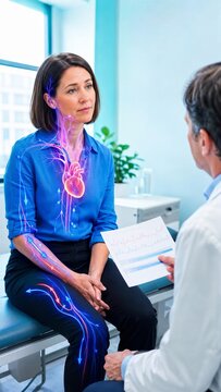 Woman listens to a doctor holding a chart with two pulse traces in a clinic. A heart and vascular overlay with directional arrows adds context to education about circulation and orthostatic symptoms.