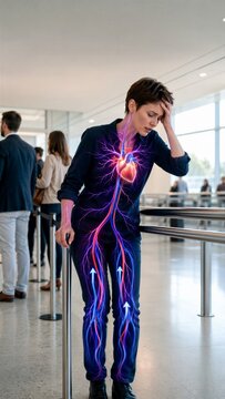 Woman holds her forehead and grips a queue barrier in a bright public hall. A heart and vascular overlay with upward arrows presents an orthostatic intolerance concept during prolonged standing.