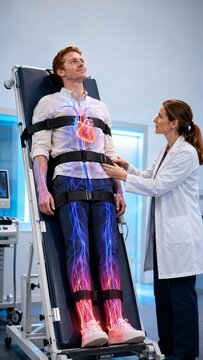 Doctor attends a man secured upright on a tilted examination table. Glowing heart and vascular anatomy frame a concept of orthostatic testing, circulation changes and clinical assessment in a room.