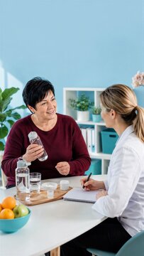 Woman holds a water bottle while discussing hydration with a doctor taking notes. Glasses, a bowl of white granules and a measuring cup sit on the desk in a bright room with plants and fruit.