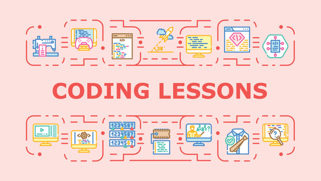 Coding lessons banner infographic. Variable tutorial, syntax programming, algorithm javascript icon vector illustration