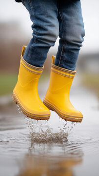 Joyful child jumping in yellow rain boots through puddle on rainy day adventure