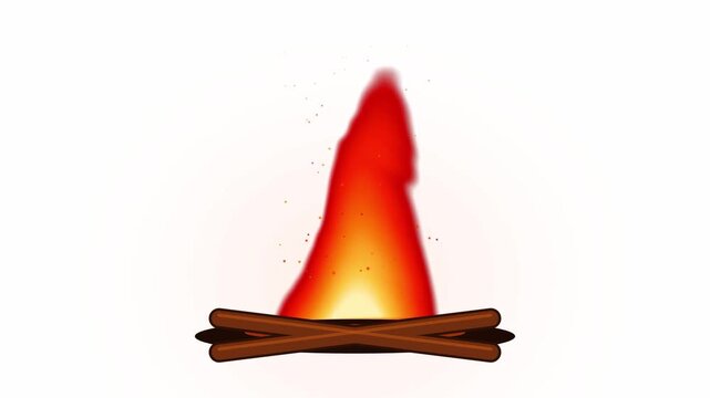 Burning campfire flame with glowing embers on wooden logs isolated on white background digital animation render   