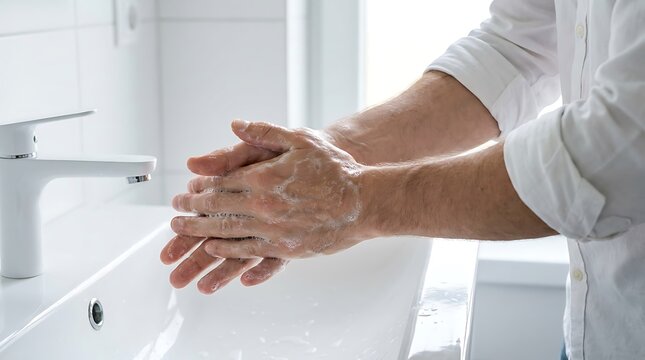 Man washing hands with soap and water in a modern bathroom sink.