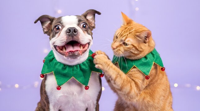 Boston Terrier and Orange Tabby in Santa Helper Elves Collars