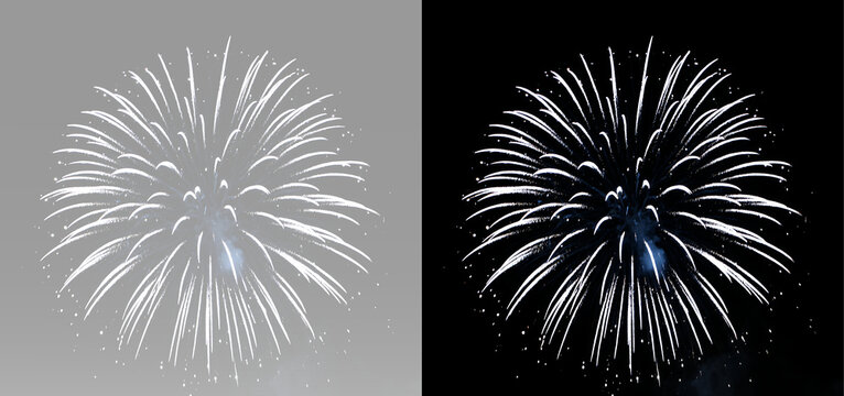 Bright firework starburst with white light streaks, silver glitter particles and curved spark showers for festive event decoration