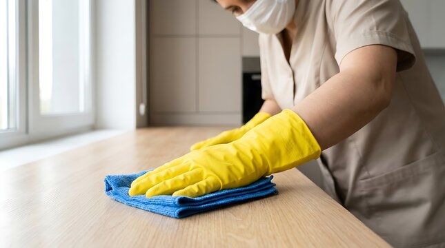 Professional cleaner wearing yellow gloves and mask meticulously cleaning a kitchen countertop with a blue microfiber cloth ensuring hygiene and sanitation.