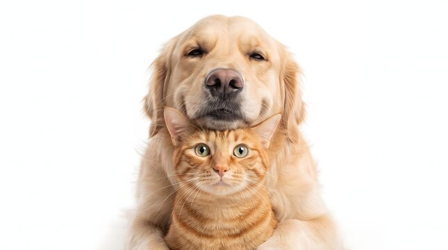 Golden Retriever Resting Its Chin on a Tabby Cat's Head