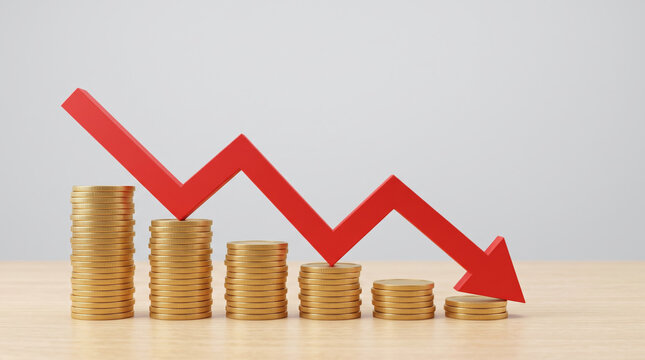 Inflation red arrow shows economy decline. Financial crisis recession. stock price increase falling, bankruptcy risk loss, chart graph statistic