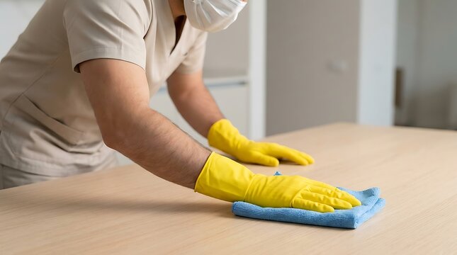 Person wearing gloves and mask cleaning a table with a cloth.