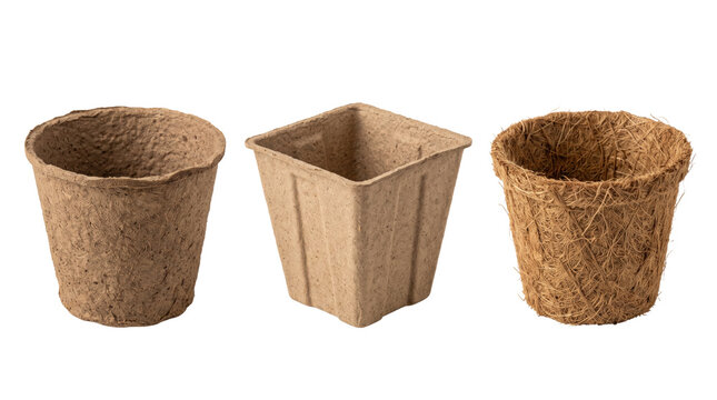 Three empty biodegradable plant pots, including two round fiber containers and one square pressed paper seedling starter, isolated on white