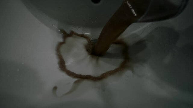 Pouring dirty water down a hotel basin in gloomy light