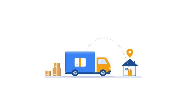 Blue delivery truck transporting packages to a residential house