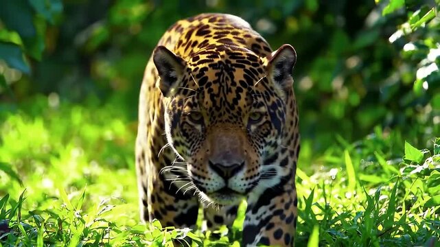 A stealthy wild leopard prowling through sunlit green grass and foliage in a lush forest