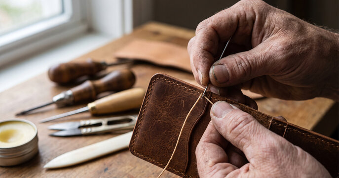 Artisan Hands Crafting Handmade Leather Wallet At Workbench
