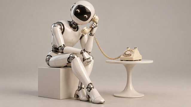 Elegant female humanoid robot talking on a vintage telephone against a soft neutral background. Ideal for artificial intelligence, robotics, communication, customer service and retro technology concep