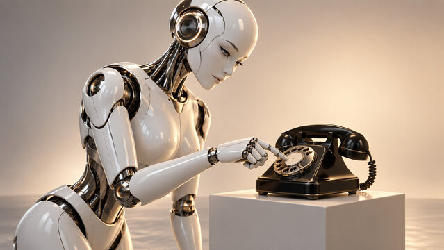 Elegant female humanoid robot talking on a vintage telephone against a soft neutral background. Ideal for artificial intelligence, robotics, communication, customer service and retro technology concep