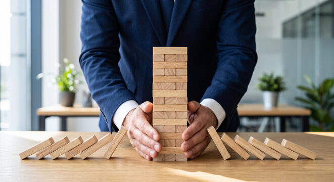 Businessman protecting a wooden block tower from falling dominoes representing risk management.