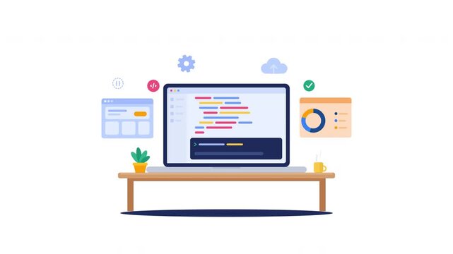 Laptop on desk showing code with floating software development icons