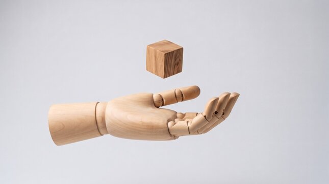 Wooden mannequin hand levitating a small wooden cube against a plain background.