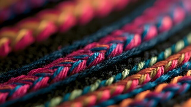 Close up of colorful braided textile with vibrant threads interwoven in intricate pattern  showcasing detailed craftsmanship and rich texture