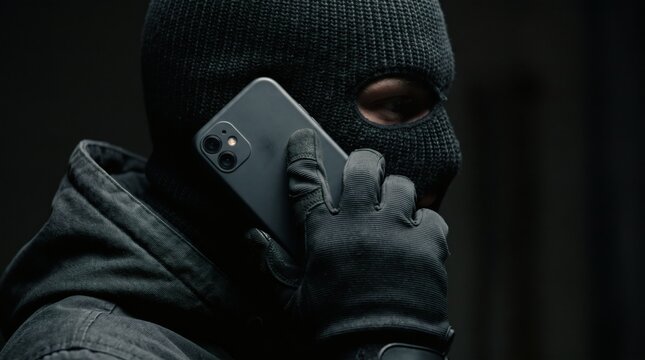 Criminal wearing a ski mask and gloves using a smartphone for communication.