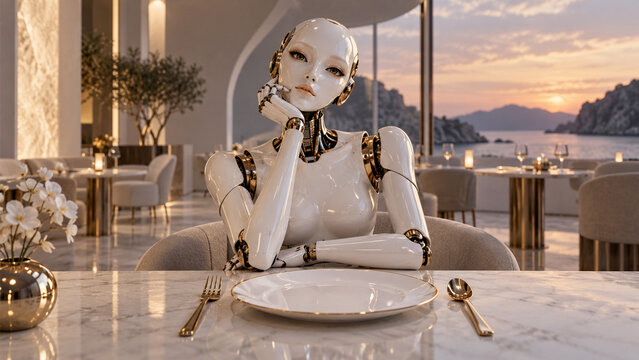 Humanoid robot sitting at an elegant restaurant table with an empty plate in a luxurious sunset setting. Ideal for AI, robotics, future dining, hospitality, automation and lifestyle concepts.