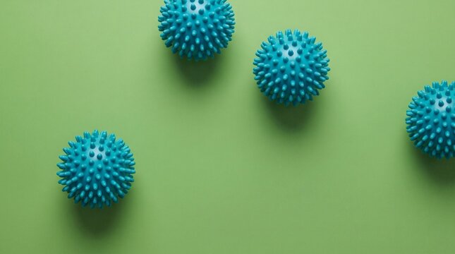 Four Blue Spiky Massage Balls on a Light Green Background.