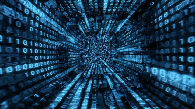 Digital binary code matrix background - 3D rendering of a scientific technology data binary code network conveying connectivity, complexity and data flood of modern digital age